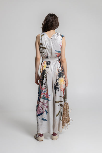 unique printed wide palazzo leg jumpsuit with inset tie belt artista budapest