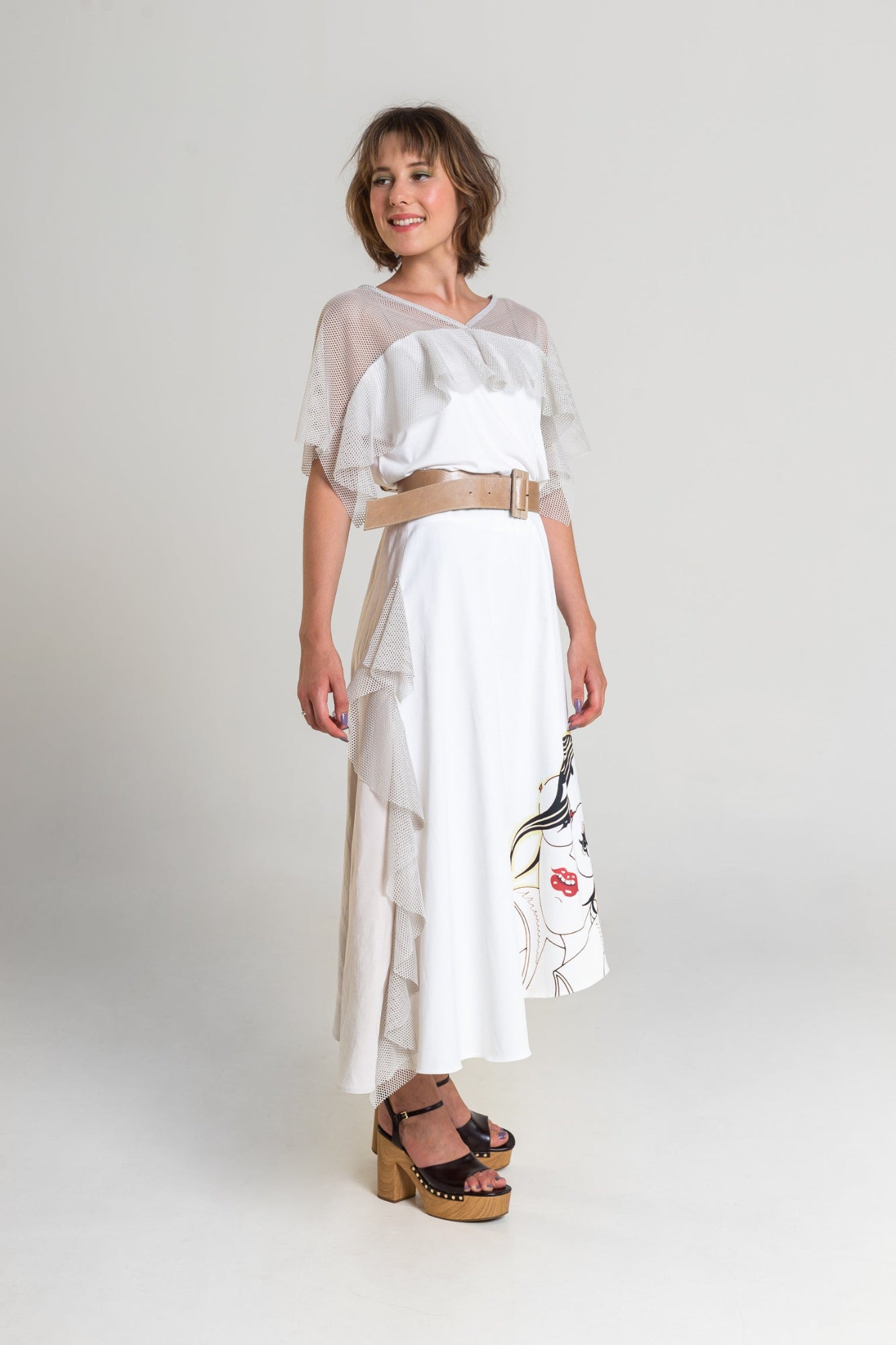 asymmetric bias cut maxi skirt with mesh frill details artista budapest