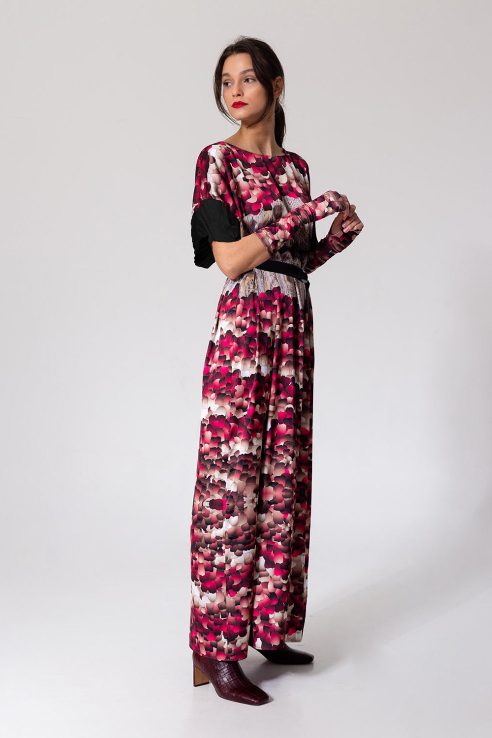 unique printed maxi dress with pleated short sleeves
