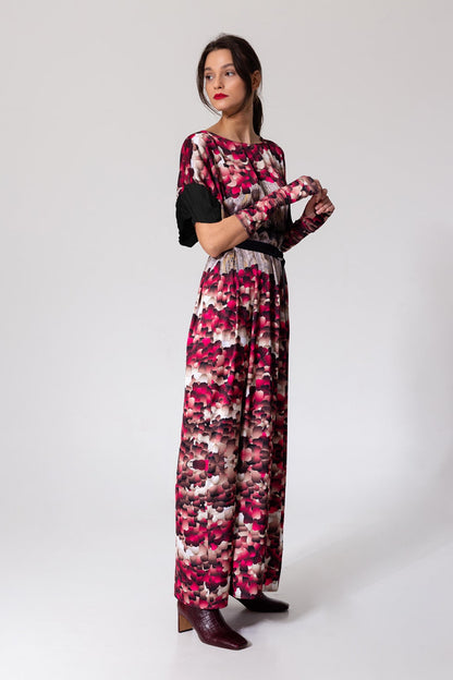 unique printed maxi dress with pleated short sleeves
