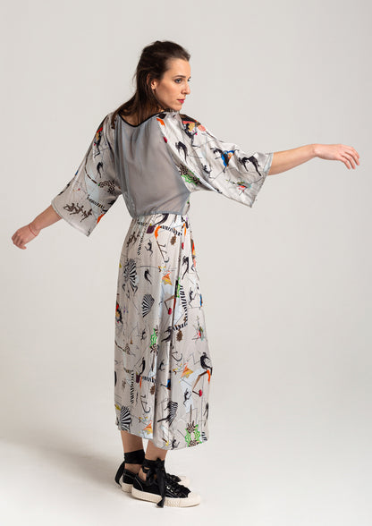 maxi unique printed dress with cutout mesh back detail artista budapest