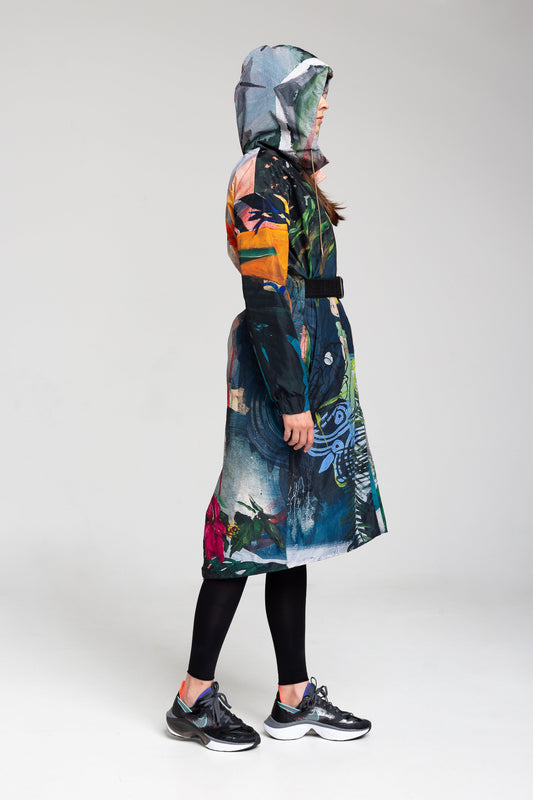 hooded parka style jacket with elastic waist