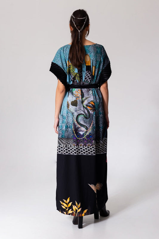 maxi dress with pleated short sleeves