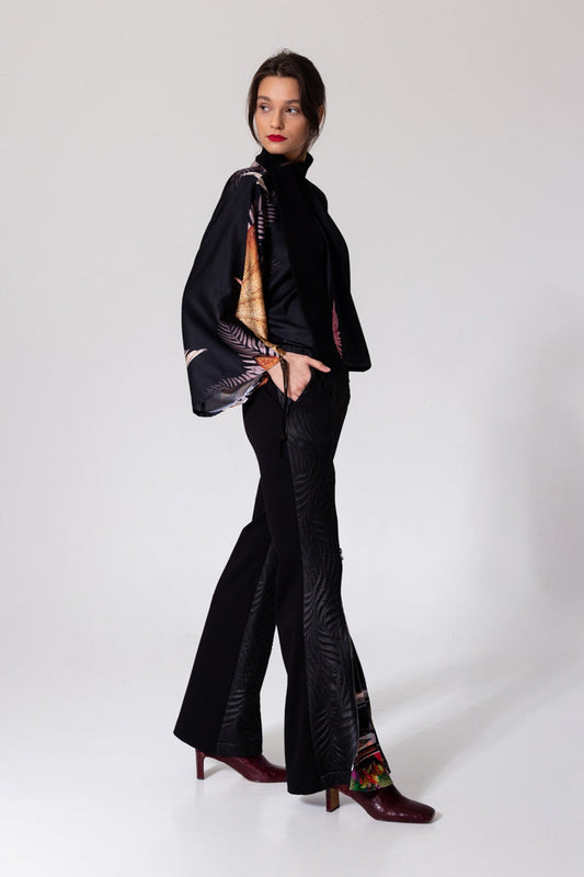 shiny jacquard pants with long tapered leg