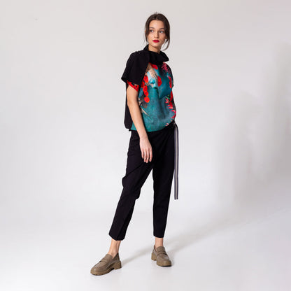 unique printed top with asymmetric neckline