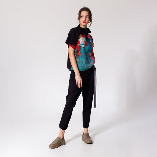 unique printed top with asymmetric neckline