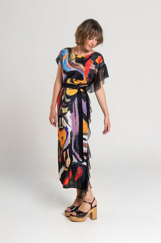 unique printed maxi dress with inset black tie belt artista budapest