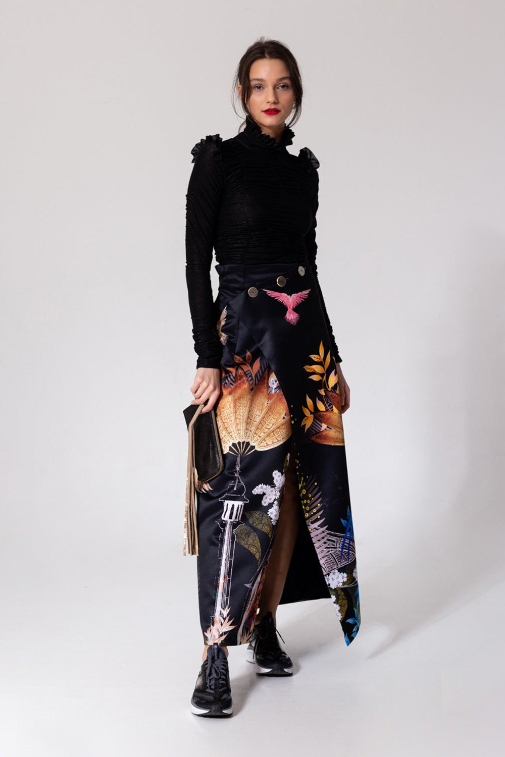 satin digital printed maxi skirt