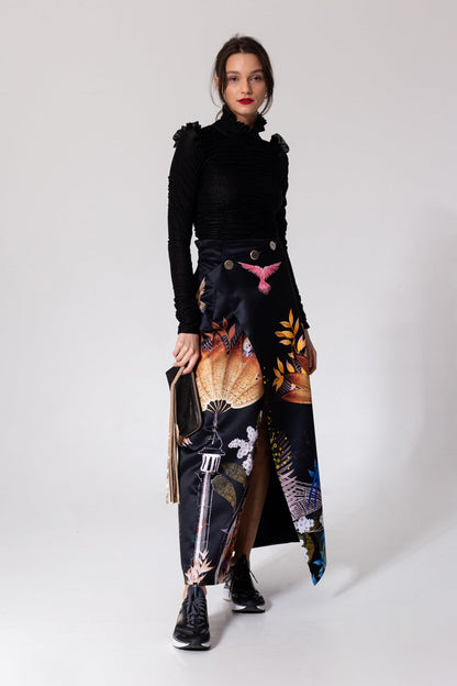 satin digital printed maxi skirt