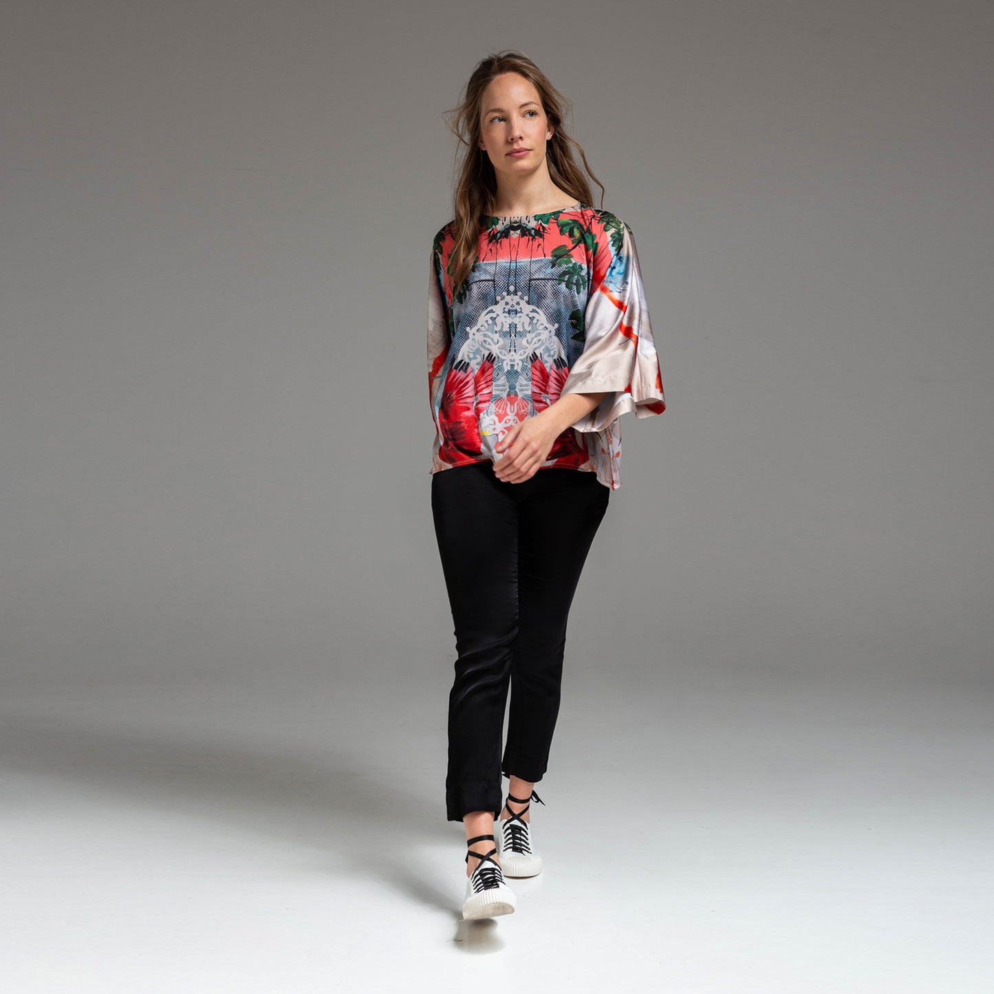 unique printed blouse with boat neck and 3/4 sleeves